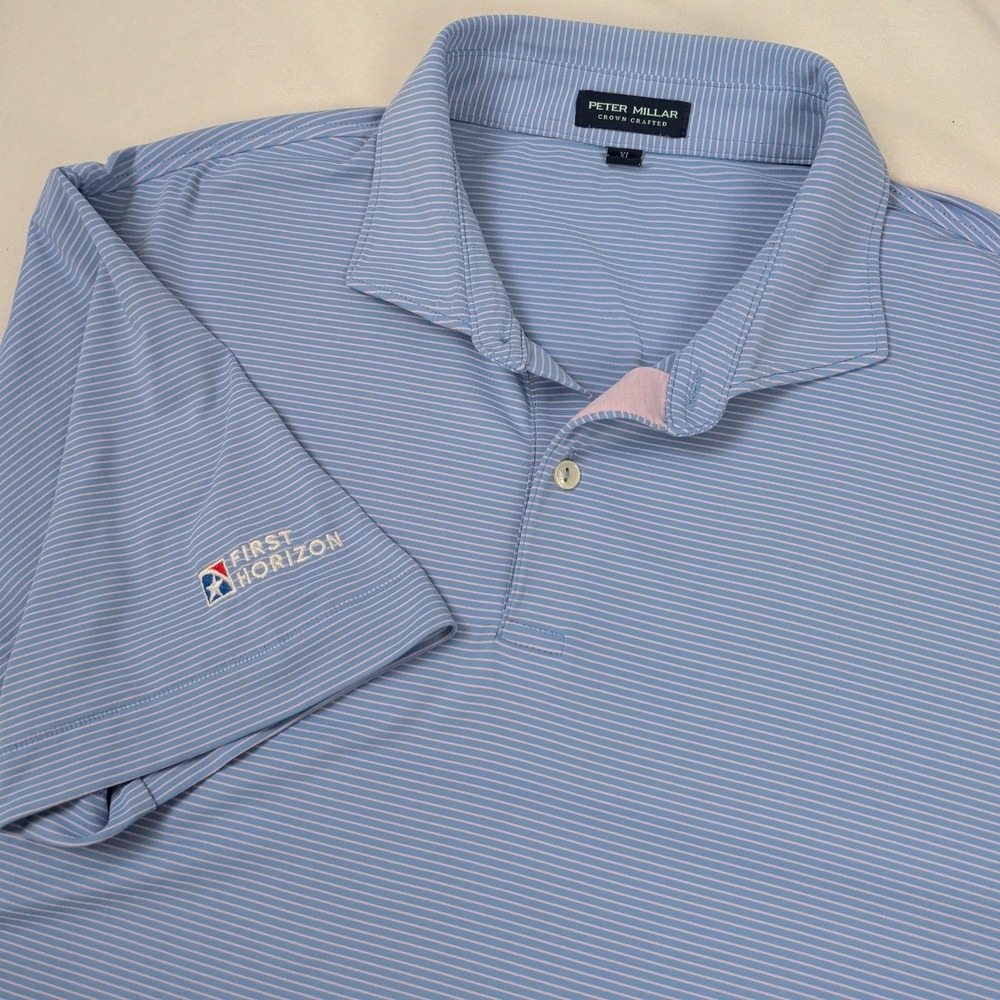 Peter Millar Crown Crafted Mens XL Blue Pink Striped Polo Shirt Golf Coastal